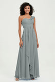 One Shoulder Chiffon Empire Bridesmaid Dresses Floor Length A Line Formal Evening Dress Gowns