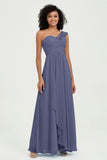 One Shoulder Chiffon Empire Bridesmaid Dresses Floor Length A Line Formal Evening Dress Gowns