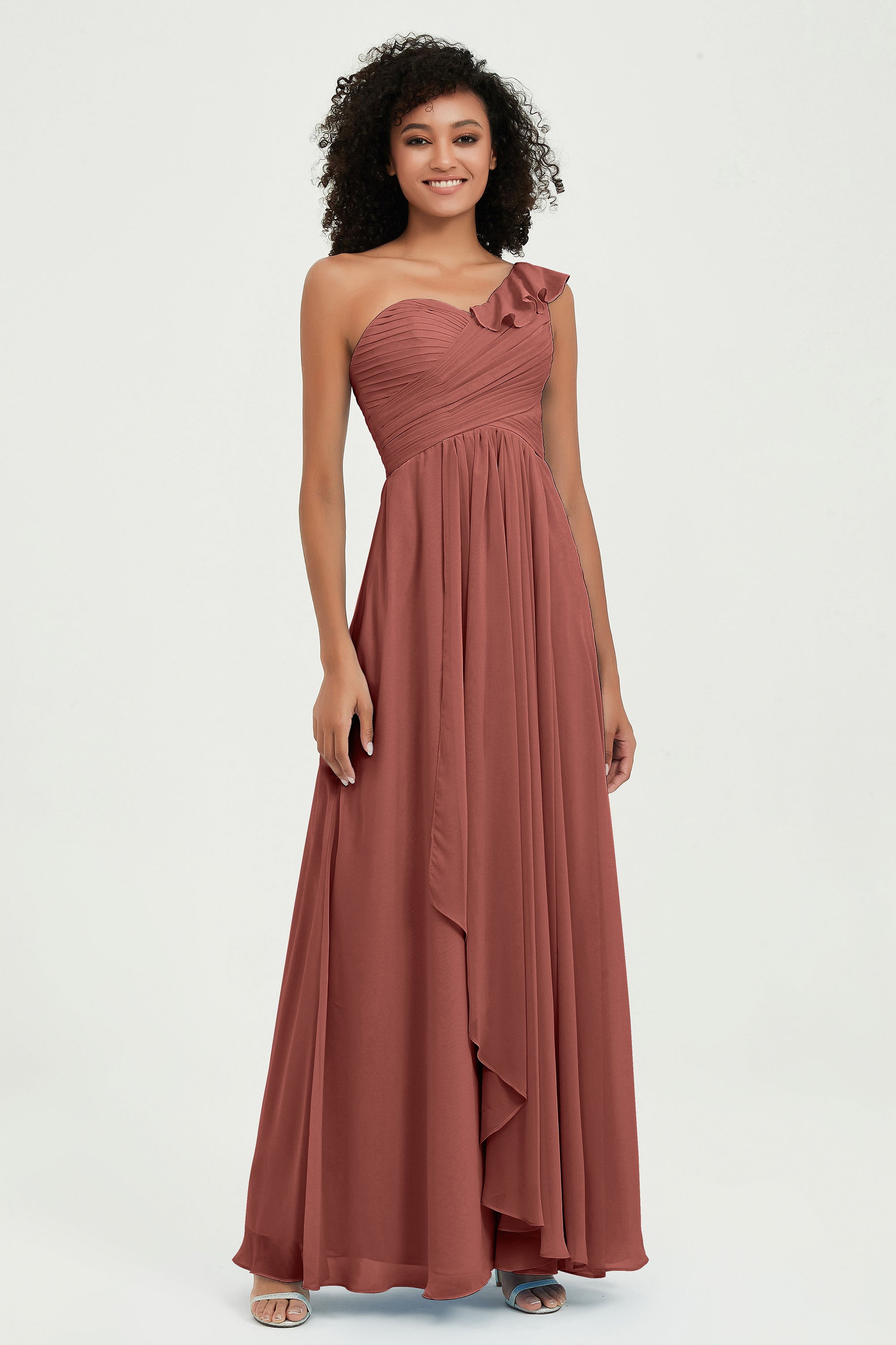 One Shoulder Chiffon Empire Bridesmaid Dresses Floor Length A Line Formal Evening Dress Gowns
