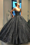 Sweetheart Spaghetti Straps Sequins Ball Gown Black Sparkly Prom Dresses