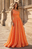A-Line One Shoulder Sequins Prom Dress with Pockets