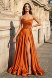A Line Black Strapless Satin Prom Dresses With Slit