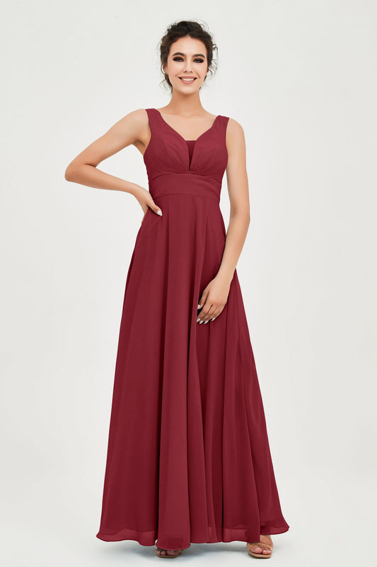 A Line Chiffon Bridesmaid Dress V Neck Sleeveless Formal Evening Dresses Gowns