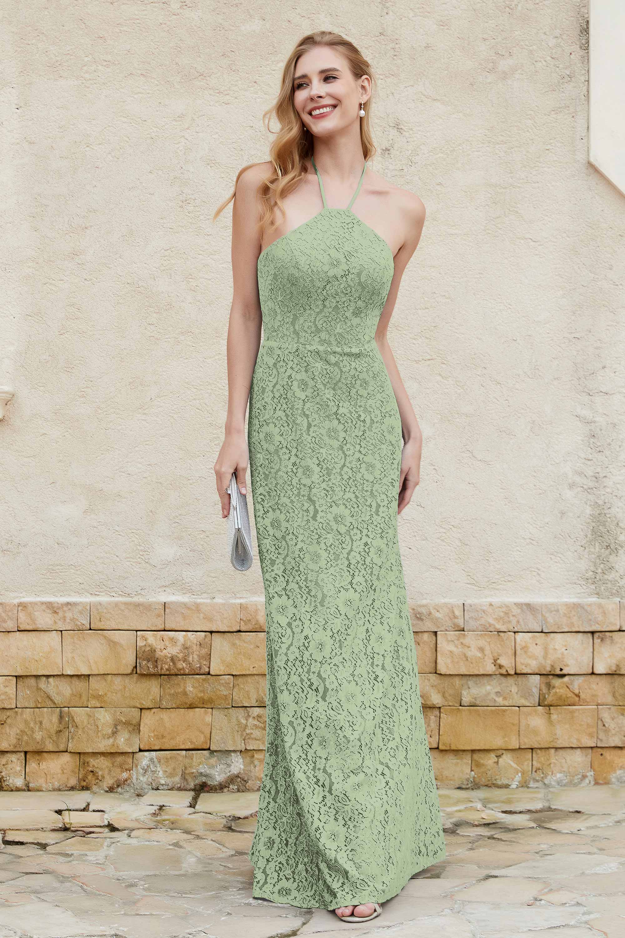 Sheath Lace Halter Bridesmaid Dress Featuring Formal Evening Party Dresses Gowns