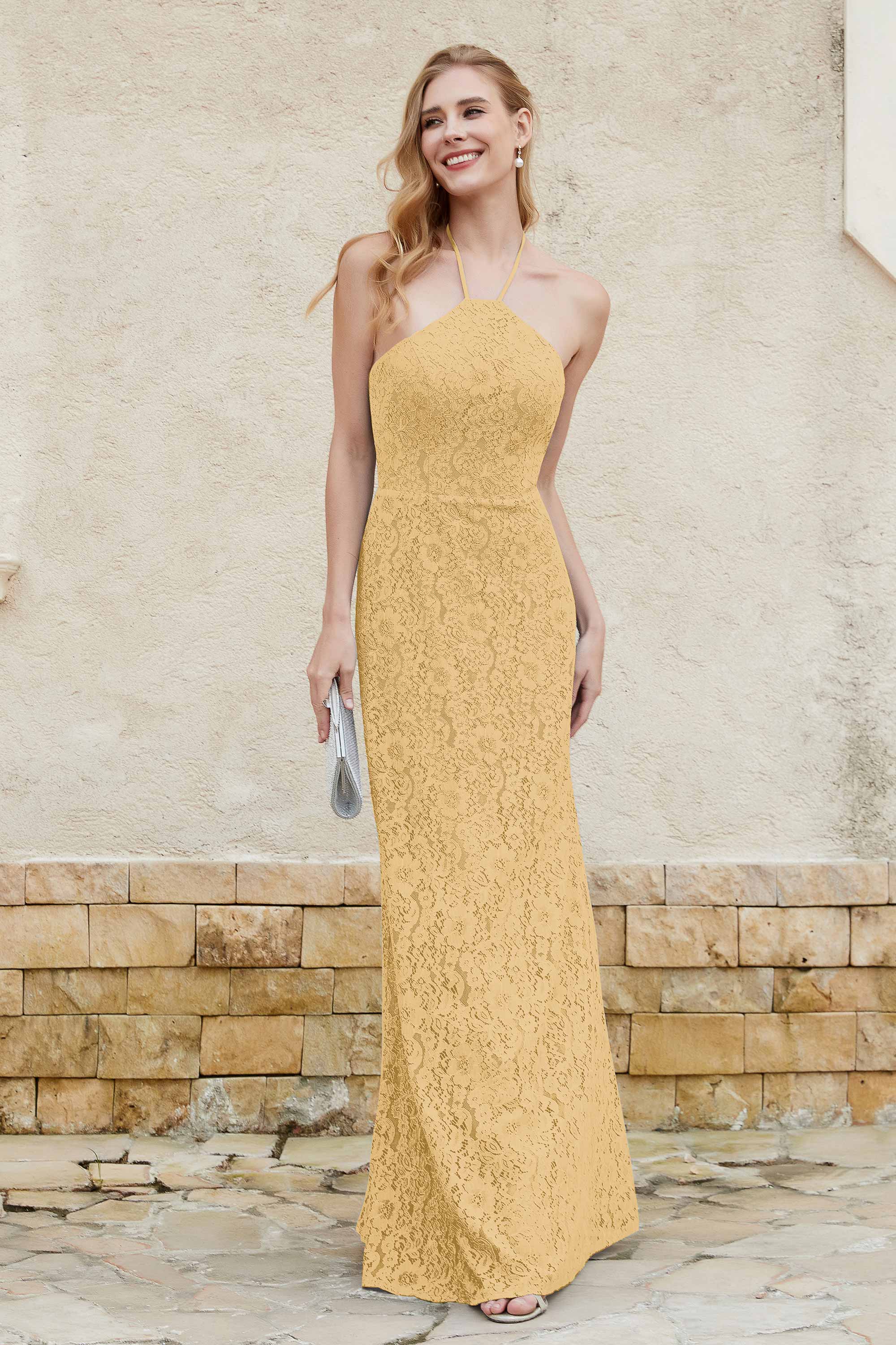 Sheath Lace Halter Bridesmaid Dress Featuring Formal Evening Party Dresses Gowns