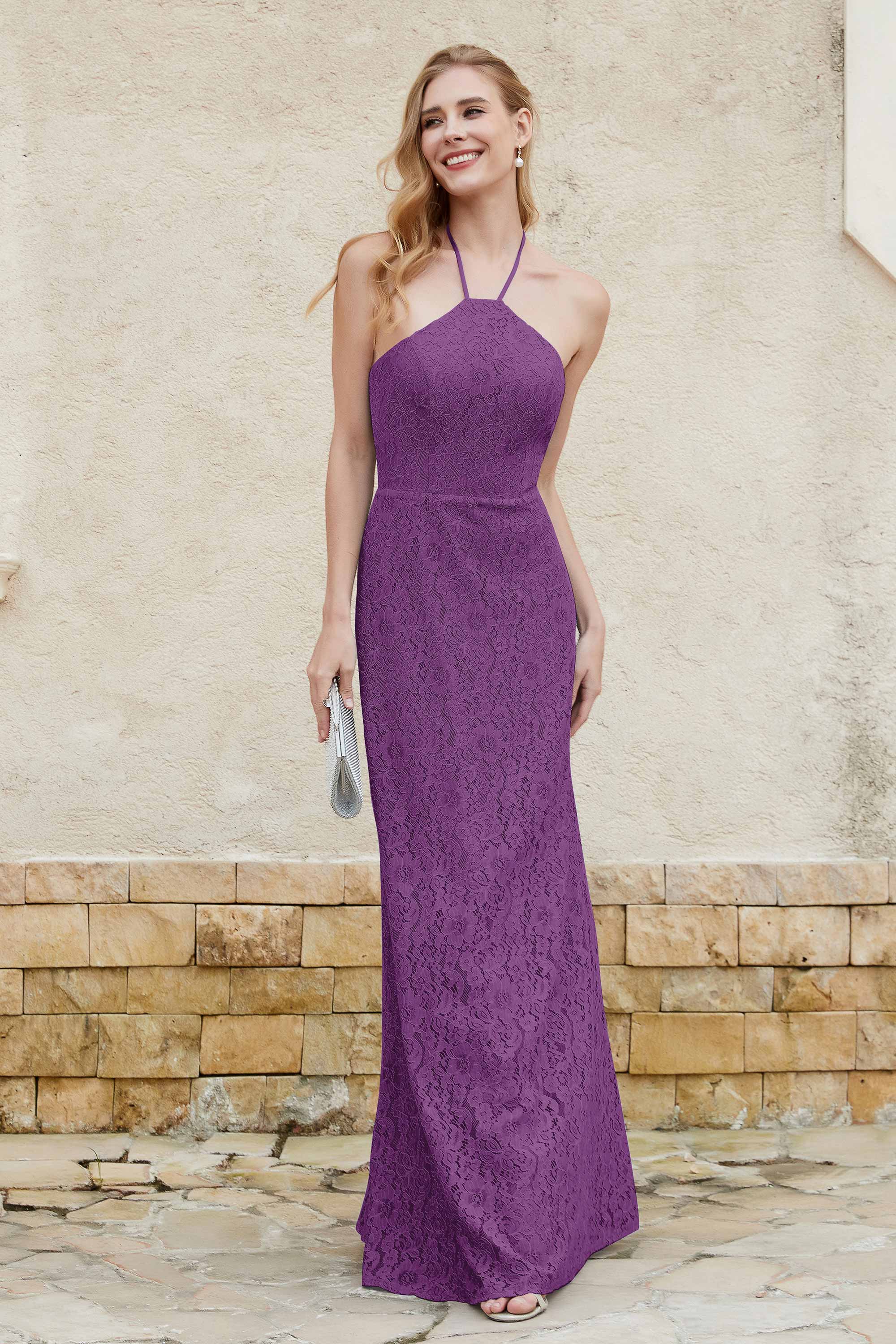 Sheath Lace Halter Bridesmaid Dress Featuring Formal Evening Party Dresses Gowns