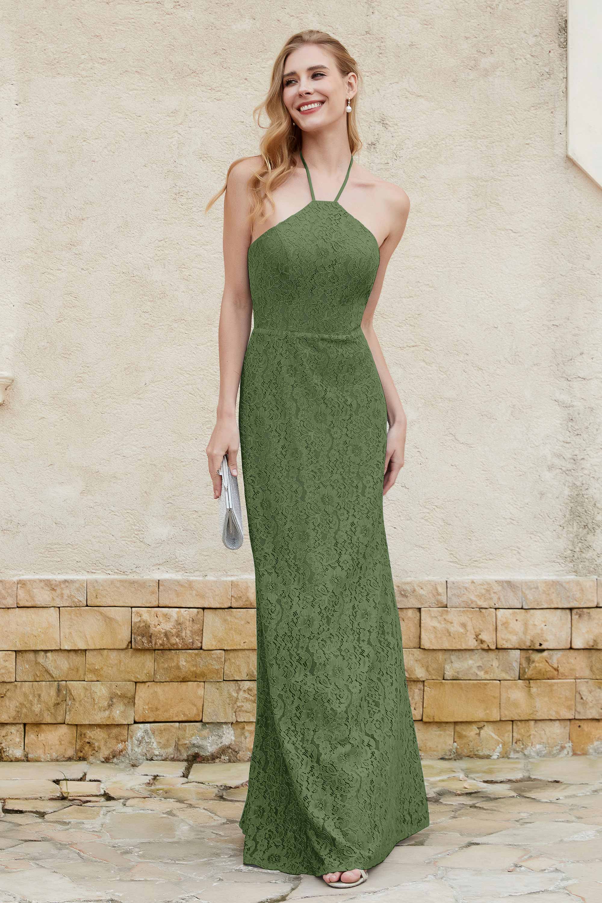 Sheath Lace Halter Bridesmaid Dress Featuring Formal Evening Party Dresses Gowns