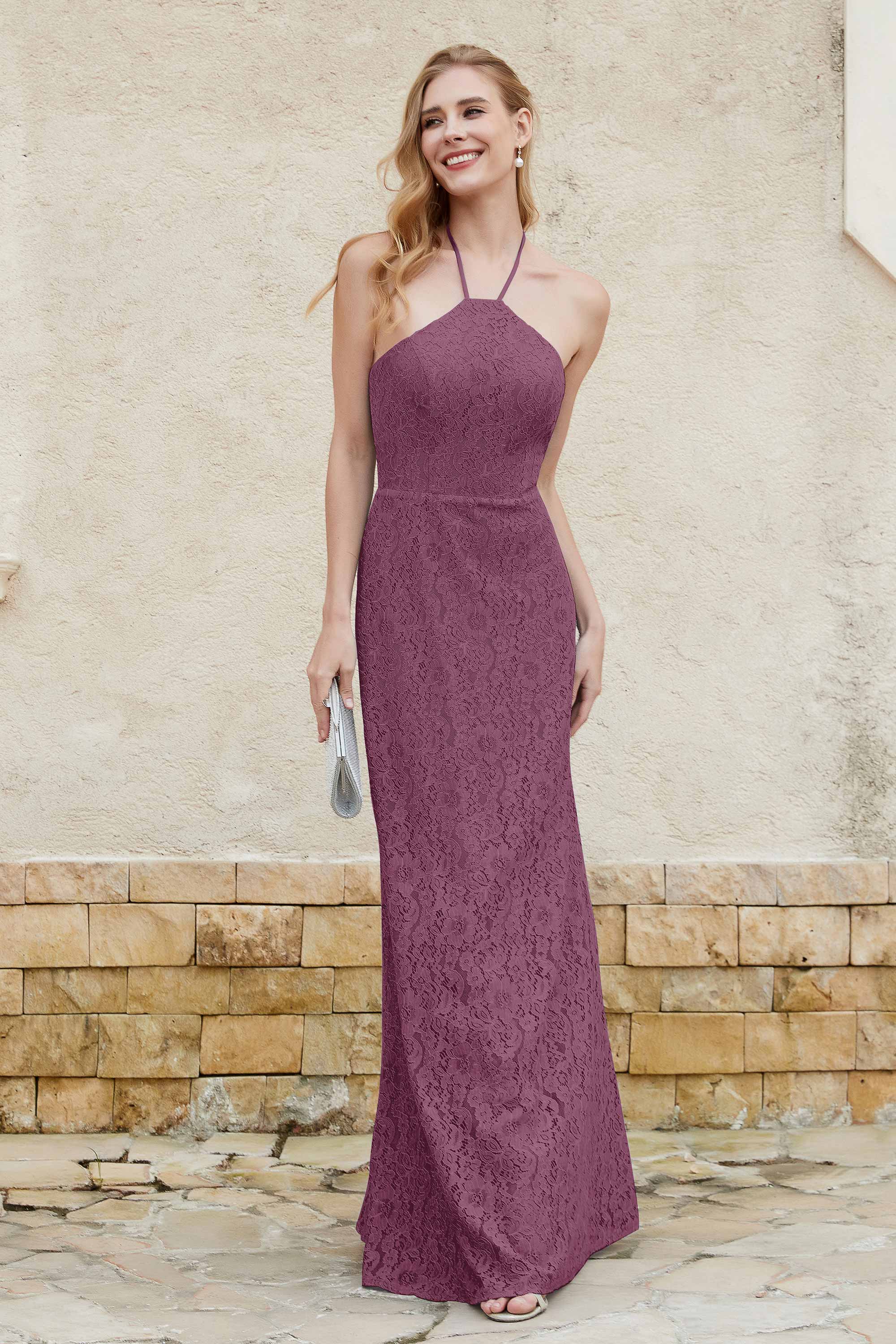 Sheath Lace Halter Bridesmaid Dress Featuring Formal Evening Party Dresses Gowns
