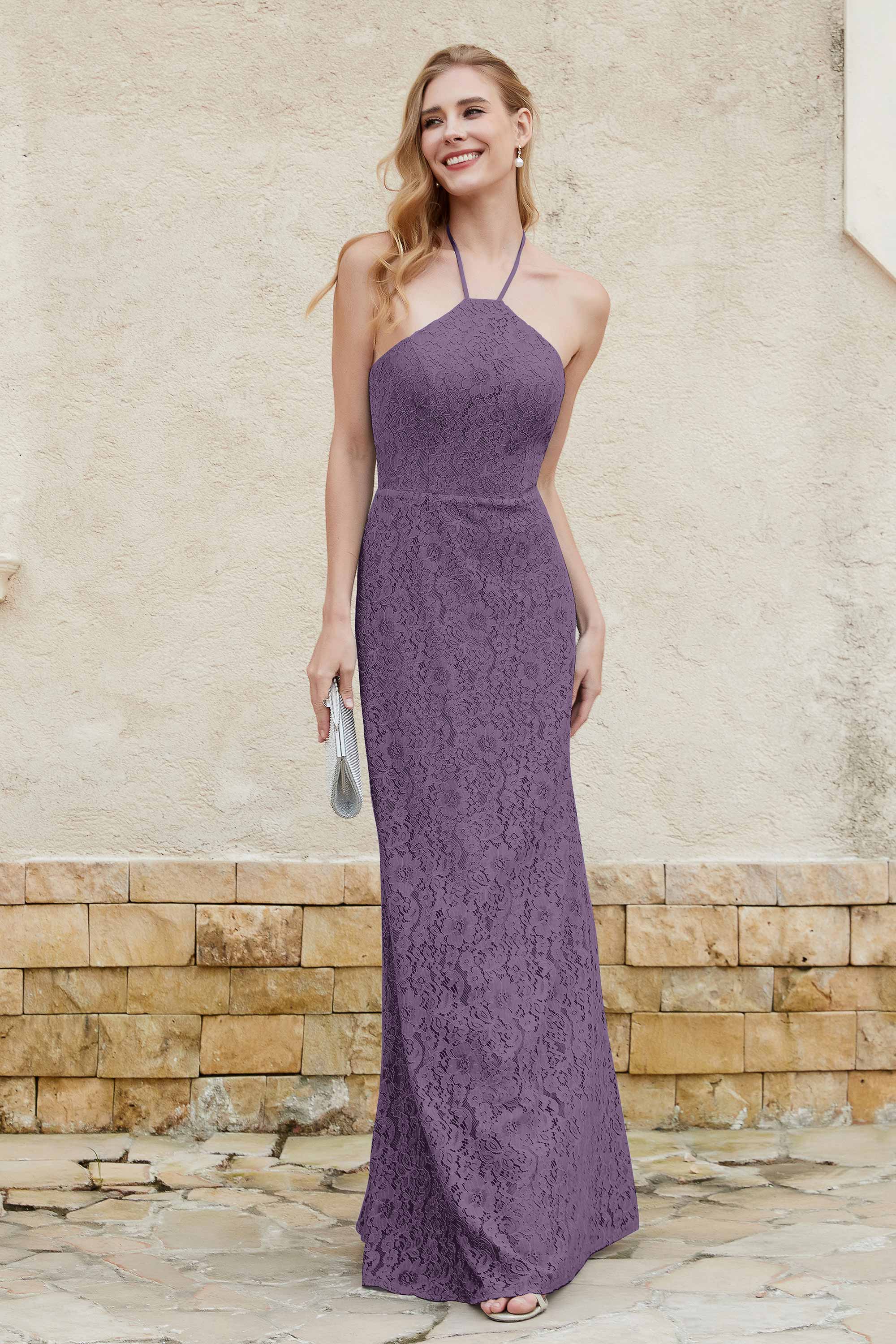 Sheath Lace Halter Bridesmaid Dress Featuring Formal Evening Party Dresses Gowns