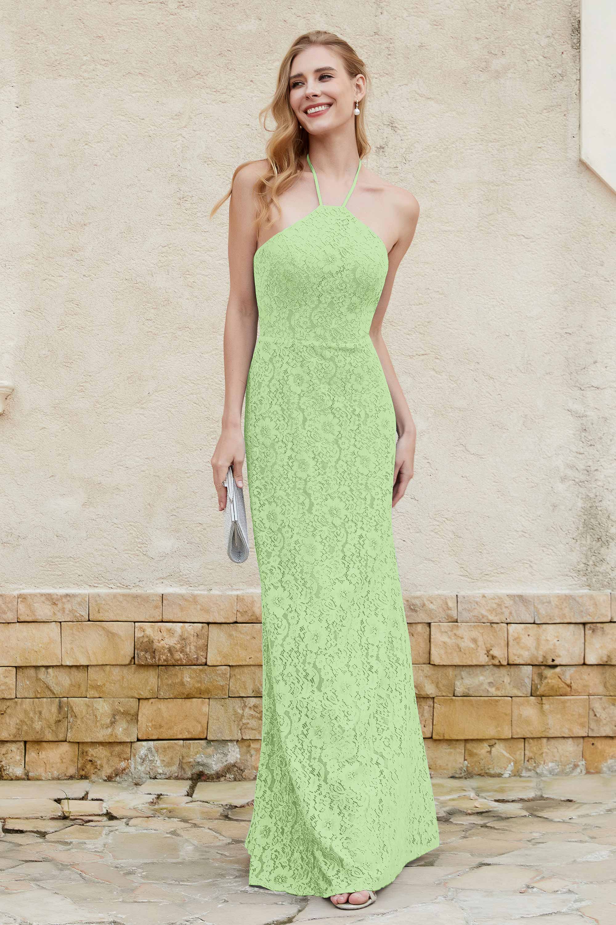 Sheath Lace Halter Bridesmaid Dress Featuring Formal Evening Party Dresses Gowns