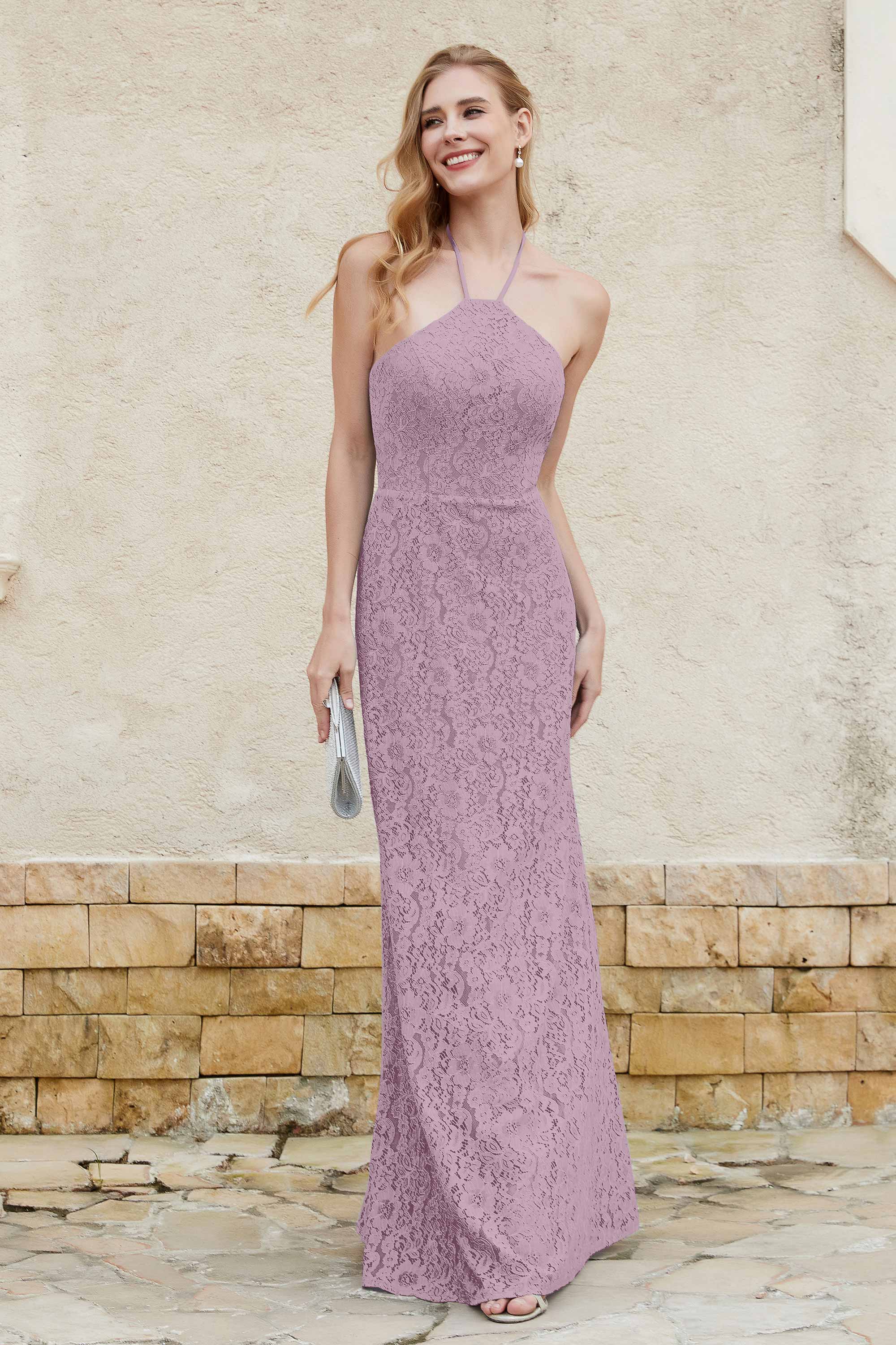 Sheath Lace Halter Bridesmaid Dress Featuring Formal Evening Party Dresses Gowns