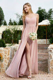 Spaghetti Straps Chiffon A Line Bridesmaid Dress with Slit Formal Evening Prom Dresses Gowns