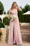Spaghetti Straps Chiffon A Line Bridesmaid Dress with Slit Formal Evening Prom Dresses Gowns