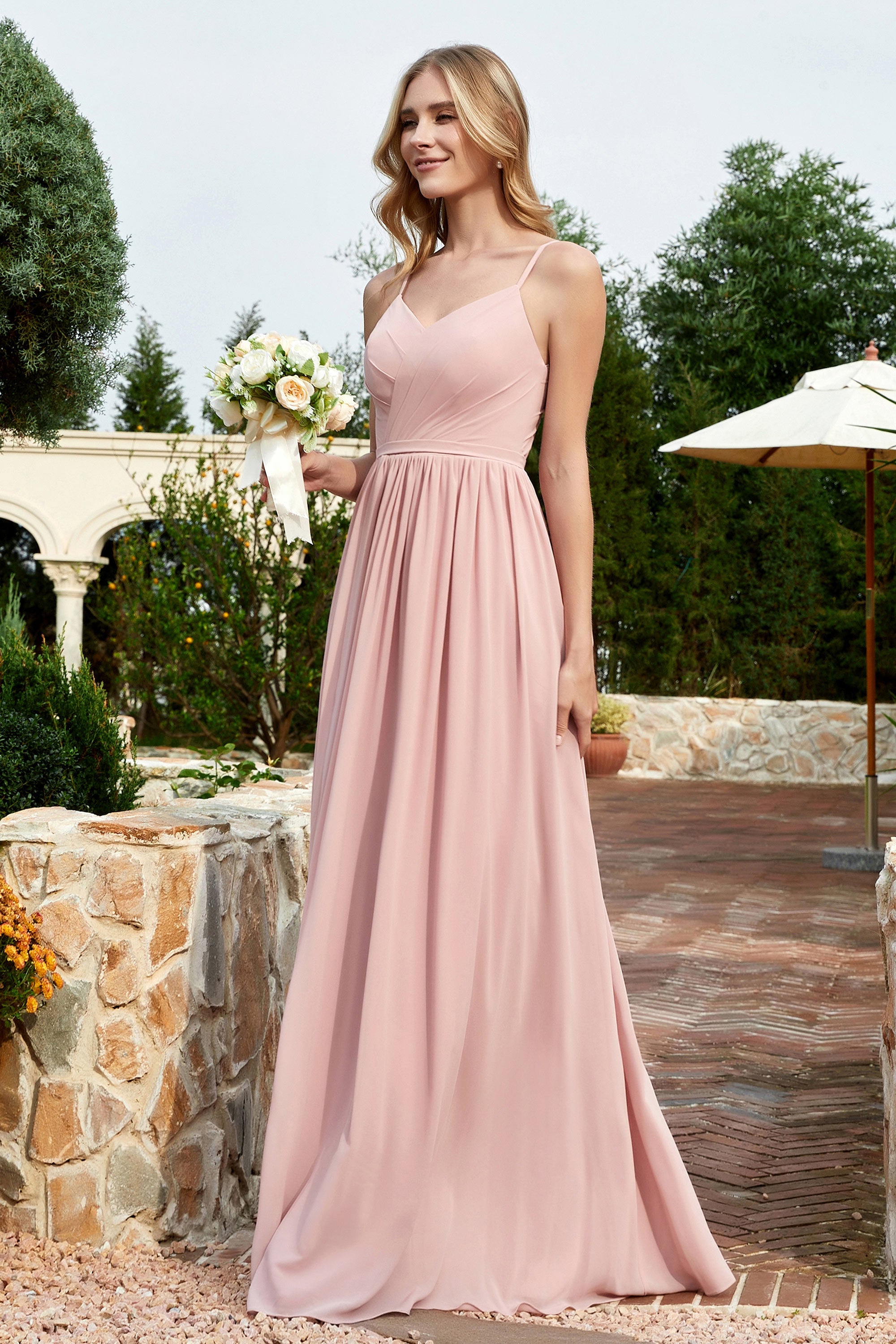 Spaghetti Straps Chiffon A Line Bridesmaid Dress with Slit Formal Evening Prom Dresses Gowns