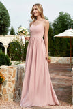 Spaghetti Straps Chiffon A Line Bridesmaid Dress with Slit Formal Evening Prom Dresses Gowns