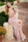 Spaghetti Straps Chiffon A Line Bridesmaid Dress with Slit Formal Evening Prom Dresses Gowns