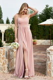 Spaghetti Straps Chiffon A Line Bridesmaid Dress with Slit Formal Evening Prom Dresses Gowns