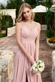 Spaghetti Straps Chiffon A Line Bridesmaid Dress with Slit Formal Evening Prom Dresses Gowns