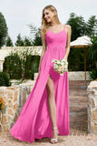 Spaghetti Straps Chiffon A Line Bridesmaid Dress with Slit Formal Evening Prom Dresses Gowns