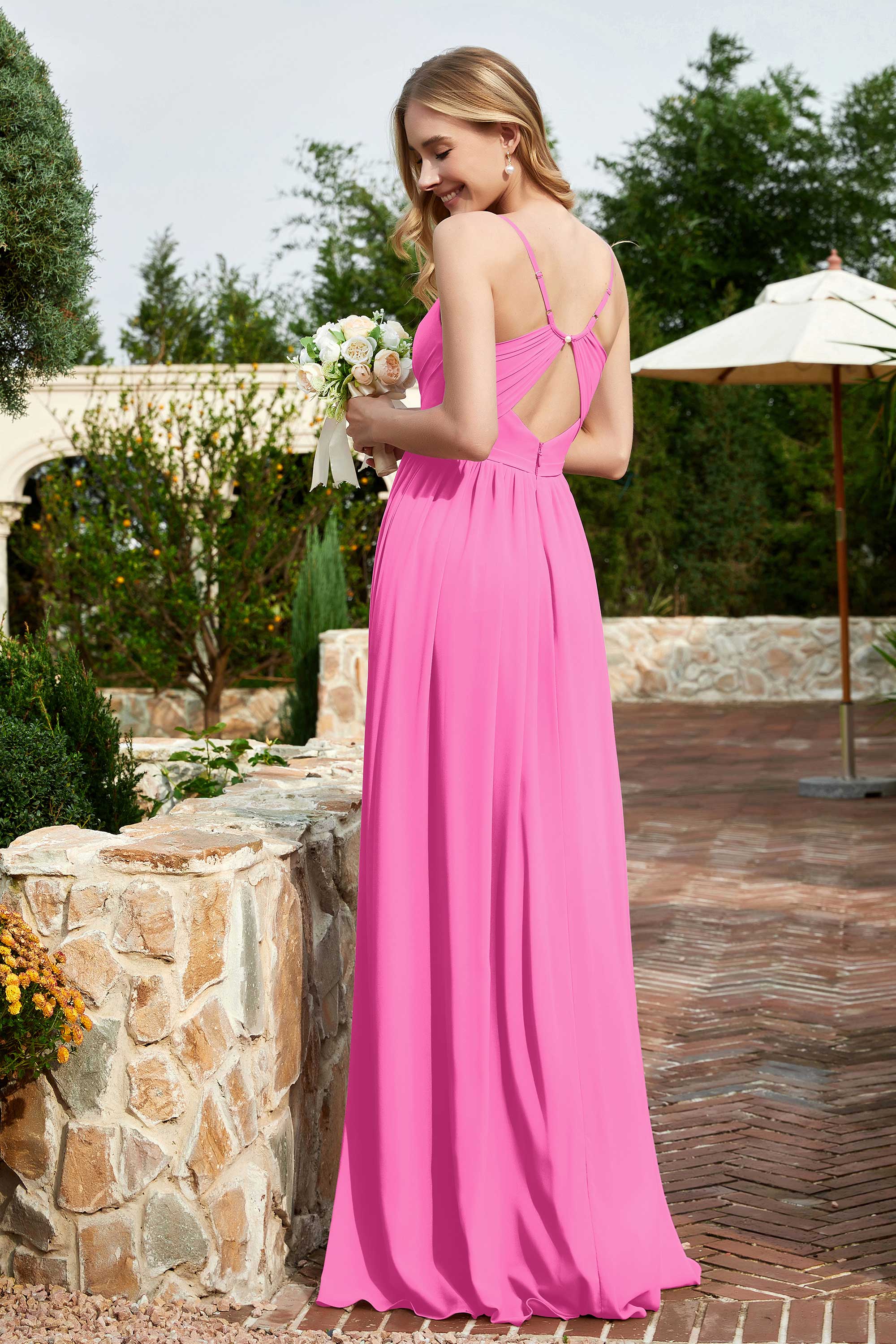 Spaghetti Straps Chiffon A Line Bridesmaid Dress with Slit Formal Evening Prom Dresses Gowns