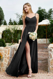 Spaghetti Straps Chiffon A Line Bridesmaid Dress with Slit Formal Evening Prom Dresses Gowns