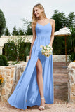 Spaghetti Straps Chiffon A Line Bridesmaid Dress with Slit Formal Evening Prom Dresses Gowns