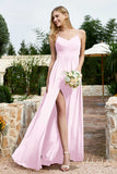 Spaghetti Straps Chiffon A Line Bridesmaid Dress with Slit Formal Evening Prom Dresses Gowns