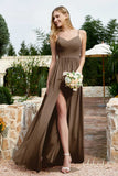 Spaghetti Straps Chiffon A Line Bridesmaid Dress with Slit Formal Evening Prom Dresses Gowns