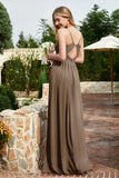 Spaghetti Straps Chiffon A Line Bridesmaid Dress with Slit Formal Evening Prom Dresses Gowns