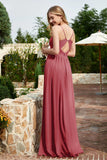 Spaghetti Straps Chiffon A Line Bridesmaid Dress with Slit Formal Evening Prom Dresses Gowns