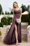 Spaghetti Straps Chiffon A Line Bridesmaid Dress with Slit Formal Evening Prom Dresses Gowns
