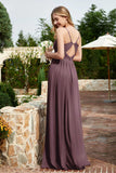 Spaghetti Straps Chiffon A Line Bridesmaid Dress with Slit Formal Evening Prom Dresses Gowns