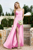 Spaghetti Straps Chiffon A Line Bridesmaid Dress with Slit Formal Evening Prom Dresses Gowns