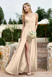 Spaghetti Straps Chiffon A Line Bridesmaid Dress with Slit Formal Evening Prom Dresses Gowns
