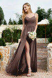 Spaghetti Straps Chiffon A Line Bridesmaid Dress with Slit Formal Evening Prom Dresses Gowns