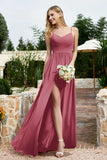 Spaghetti Straps Chiffon A Line Bridesmaid Dress with Slit Formal Evening Prom Dresses Gowns