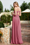 Spaghetti Straps Chiffon A Line Bridesmaid Dress with Slit Formal Evening Prom Dresses Gowns