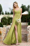 Spaghetti Straps Chiffon A Line Bridesmaid Dress with Slit Formal Evening Prom Dresses Gowns