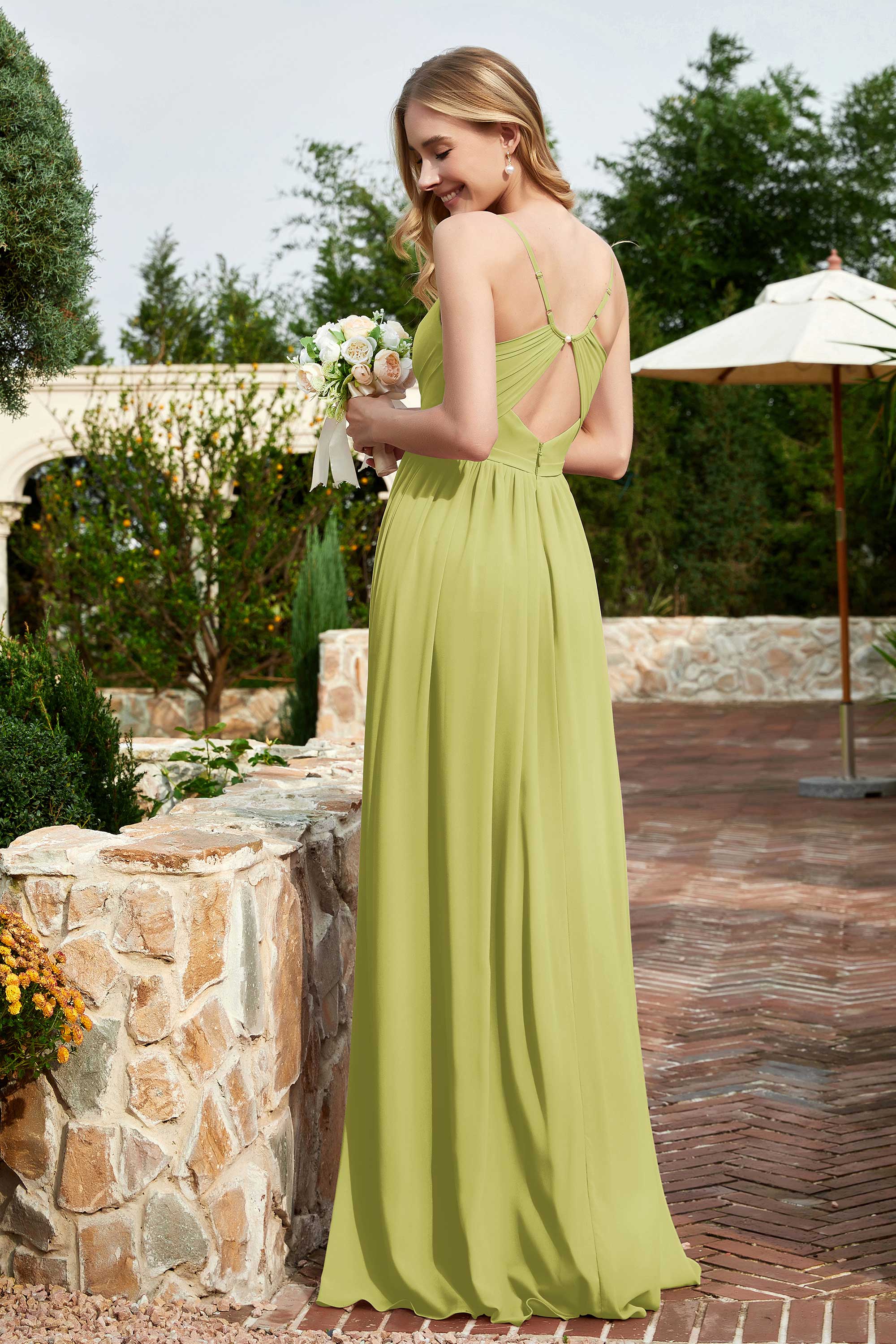 Spaghetti Straps Chiffon A Line Bridesmaid Dress with Slit Formal Evening Prom Dresses Gowns