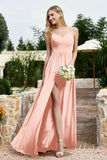 Spaghetti Straps Chiffon A Line Bridesmaid Dress with Slit Formal Evening Prom Dresses Gowns