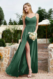 Spaghetti Straps Chiffon A Line Bridesmaid Dress with Slit Formal Evening Prom Dresses Gowns