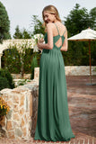 Spaghetti Straps Chiffon A Line Bridesmaid Dress with Slit Formal Evening Prom Dresses Gowns