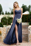 Spaghetti Straps Chiffon A Line Bridesmaid Dress with Slit Formal Evening Prom Dresses Gowns