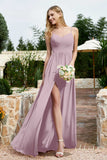 Spaghetti Straps Chiffon A Line Bridesmaid Dress with Slit Formal Evening Prom Dresses Gowns