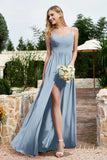Spaghetti Straps Chiffon A Line Bridesmaid Dress with Slit Formal Evening Prom Dresses Gowns