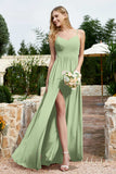 Spaghetti Straps Chiffon A Line Bridesmaid Dress with Slit Formal Evening Prom Dresses Gowns