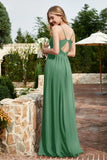 Spaghetti Straps Chiffon A Line Bridesmaid Dress with Slit Formal Evening Prom Dresses Gowns