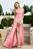 Spaghetti Straps Chiffon A Line Bridesmaid Dress with Slit Formal Evening Prom Dresses Gowns