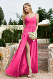 Spaghetti Straps Chiffon A Line Bridesmaid Dress with Slit Formal Evening Prom Dresses Gowns