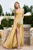 Spaghetti Straps Chiffon A Line Bridesmaid Dress with Slit Formal Evening Prom Dresses Gowns